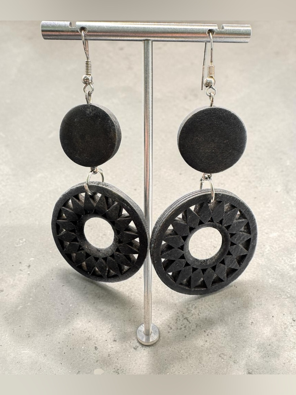 Black Wood Sunburst Drop Earrings - SKU M